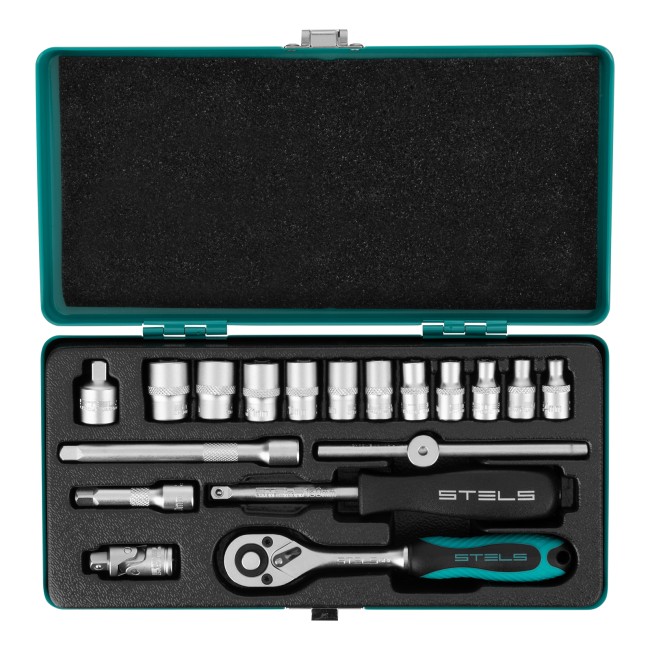 Набор торцевых головок с трещоткой, 1/4" 18 предметов Stels