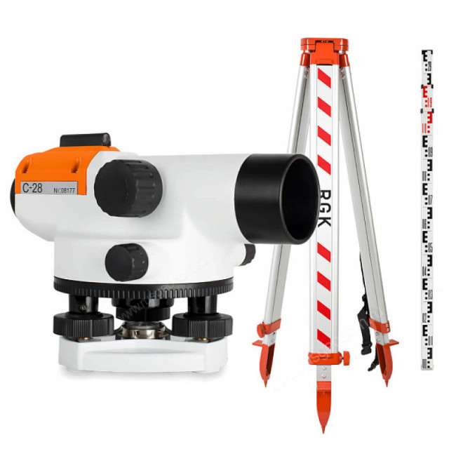 Комплект оптический нивелир RGK C-28 + штатив S6-N + рейка AMO S4 Комплект оптический нивелир RGK C-28 + штатив S6-N + рейка AMO S4