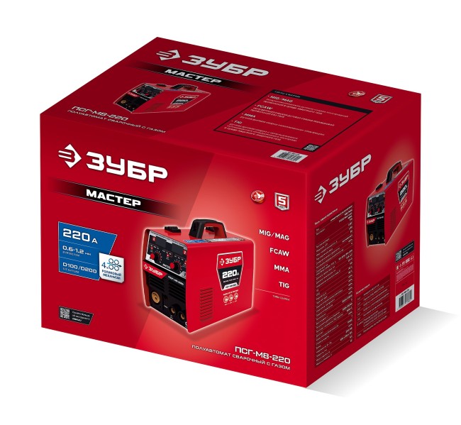 Полуавтомат сварочный, с газом / без газа ПСГ-М8-220 ЗУБР MASTER, MIG / MAG, FCAW, MMA, TIG, 220 А